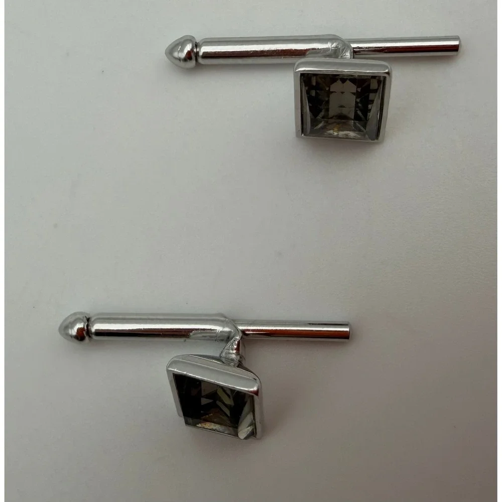 Vintage Silver Tone Smoky Grey Emerald Cut Crystal Fixed Bar Cufflinks Q011